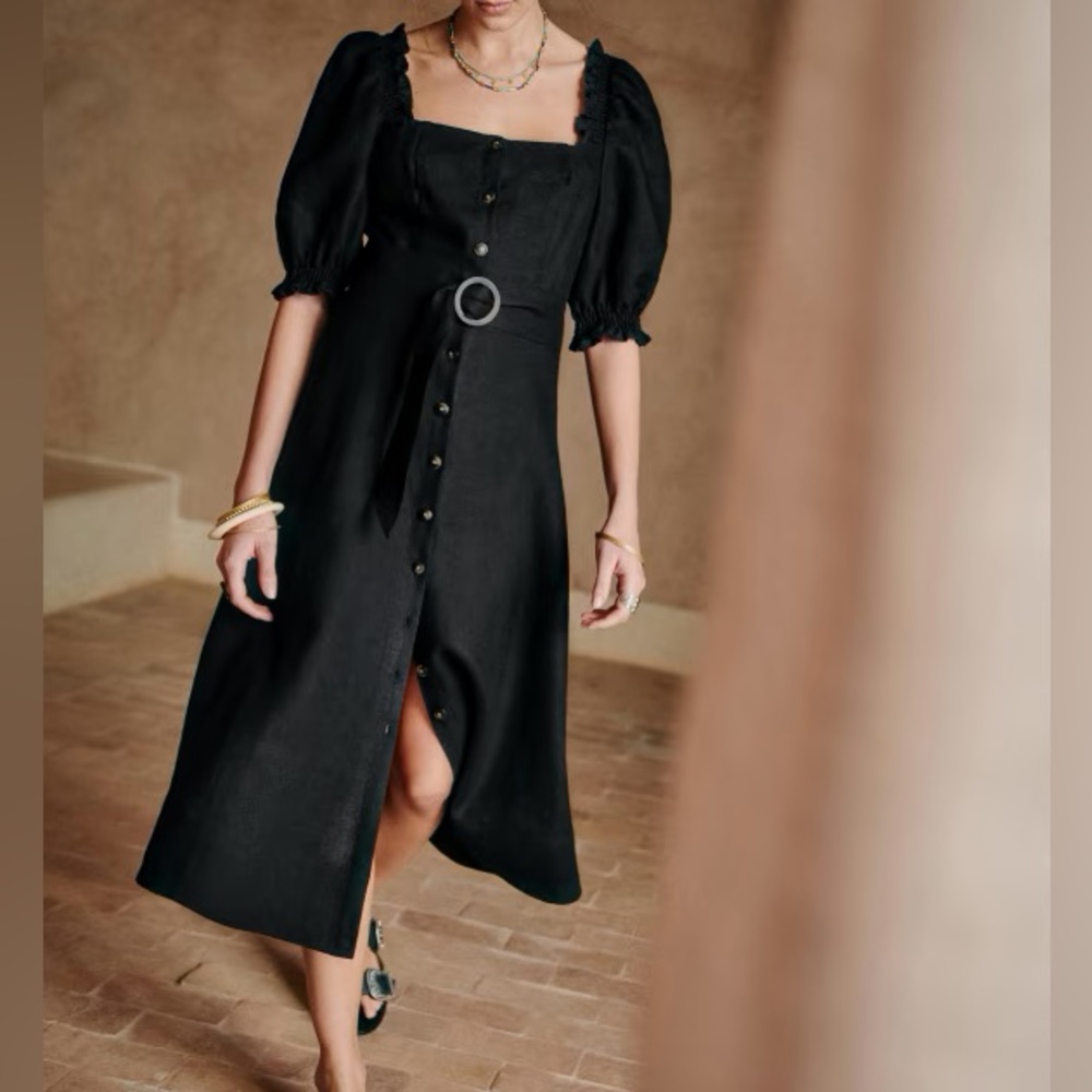 Sezane Robe Winona Black Linen Button Down Dress Small Sz 36